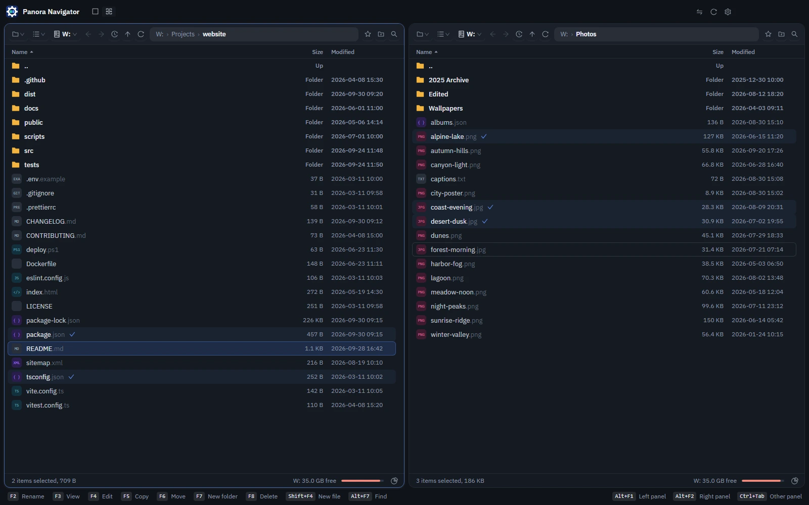 Two file lists in the Panora Dark Blue theme