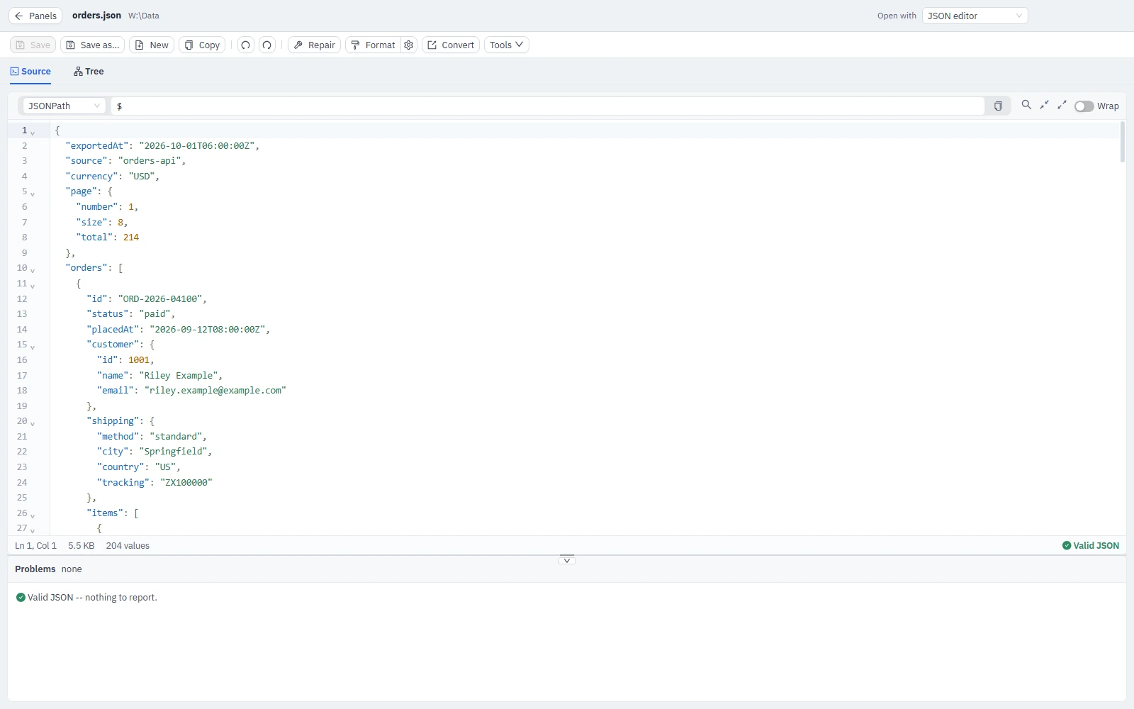 A JSON file open in the JSON editor