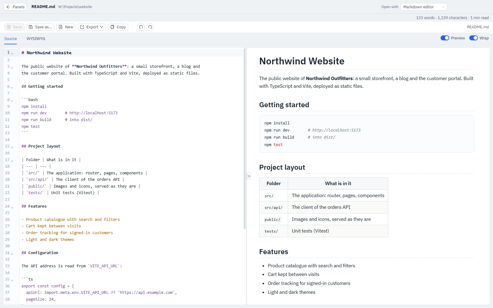 A Markdown file open in the Markdown editor with its preview