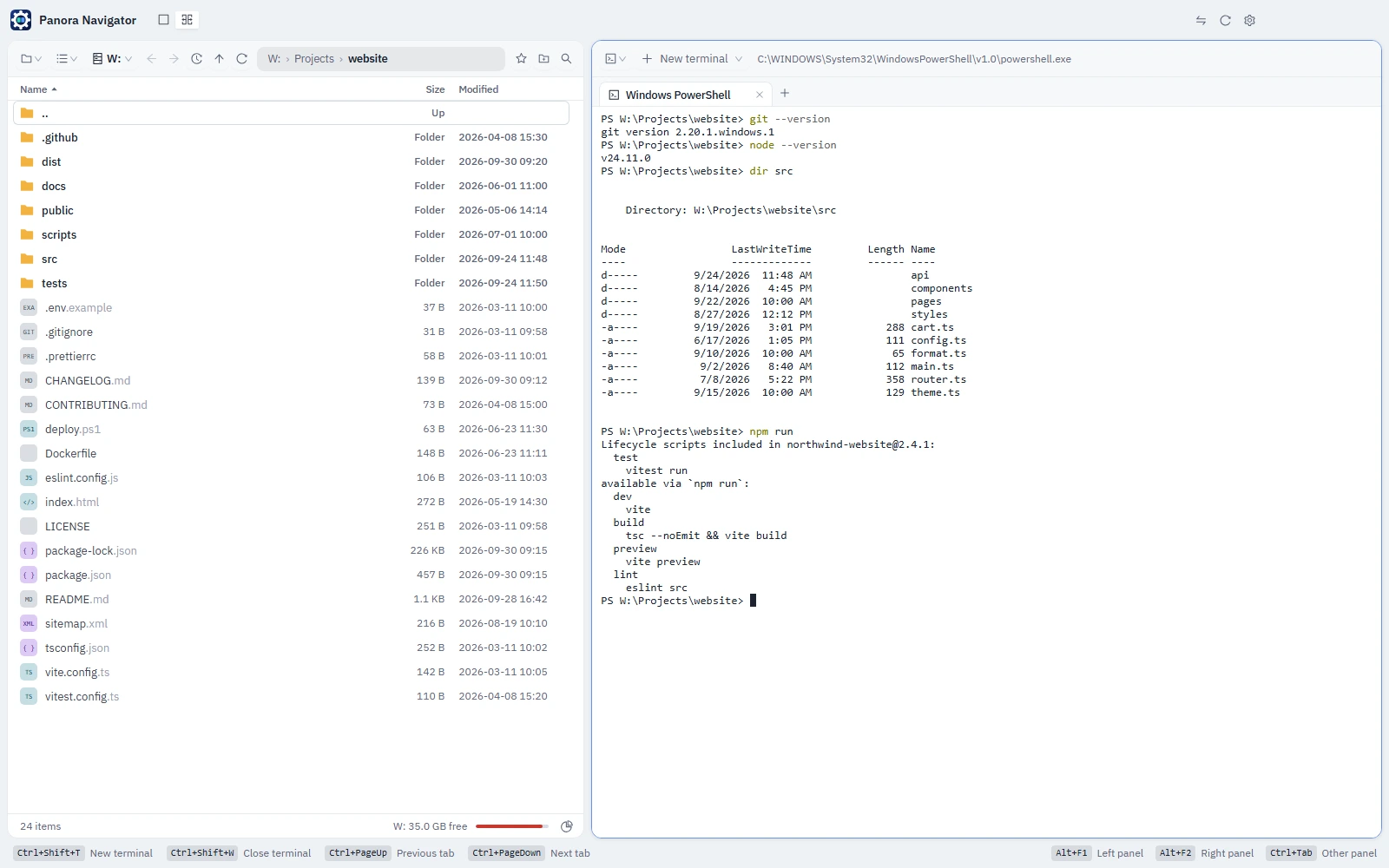 A file list in the left panel and a PowerShell terminal in the right panel