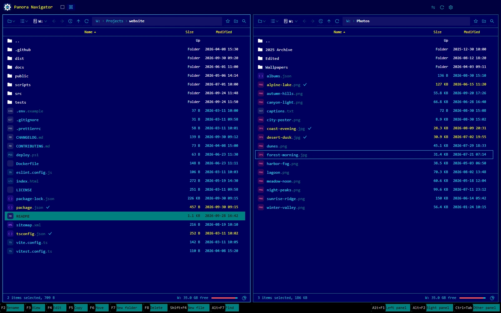 Two file lists in the Far theme: navy panels and cyan text