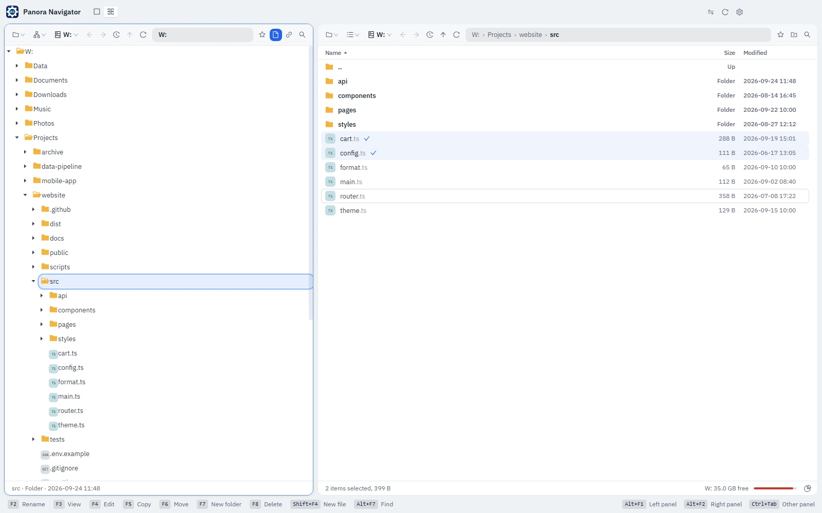 A folder tree in the left panel and a file list in the right panel